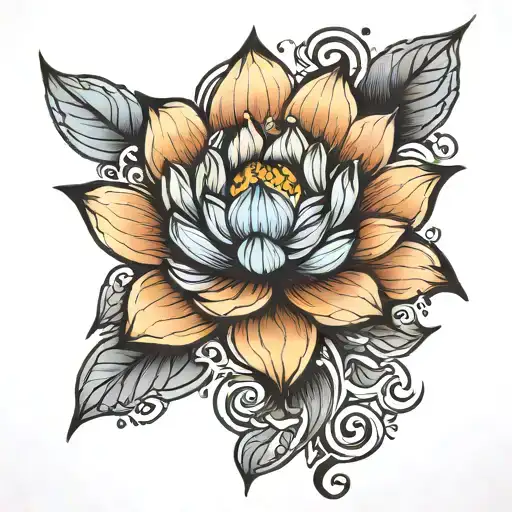 Black Line Lotus Tattoo With Some Blue