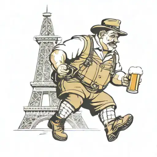 Fat German Man Holding A Beer In Lederhosen Climbing Eiffel Tower