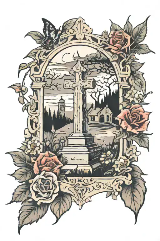 Tattoo Of A Hauntingly Beautiful Graveyard Scene With Wildflowers Around The Edges