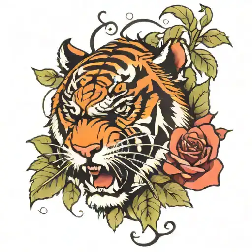 Angry Tiger And Roses