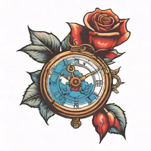 Red And Blue Rose With Pocket Watch
