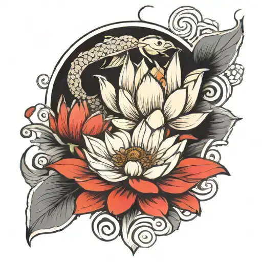 Japanese Lotus With Koi Fish Red Black Long