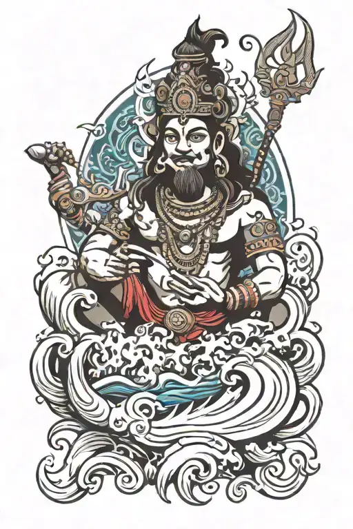 Indian God Like Shiv With Sea Waves Crashing
