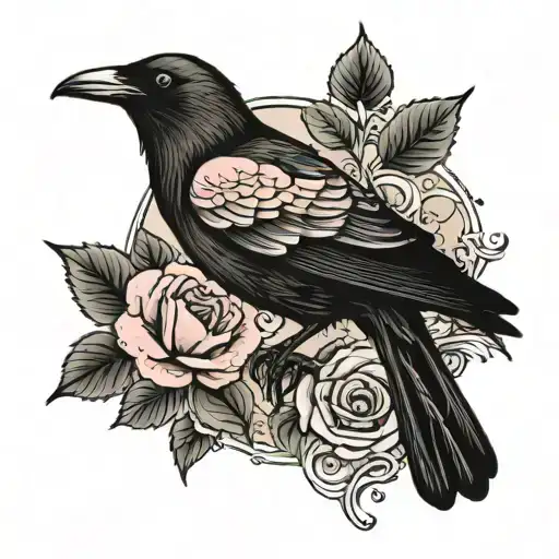 Black Crow With Norwegian Rose Painting In Background