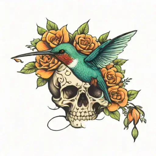 Hummingbird On A Skull With Flowers