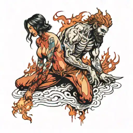 Flaming Hellscape Background With Giant Whos Body Beaten And Bloody Beheading A Kneeling Prostitute