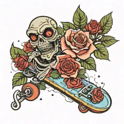 Broken Skateboard With Roses And Aliens