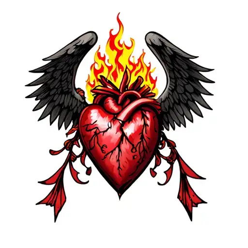 Sacred Heart With Flames Out Top And Gothic Wings Spread