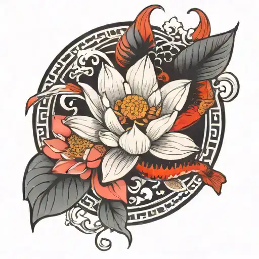 Japanese Lotus With Koi Fish Red Black Leg