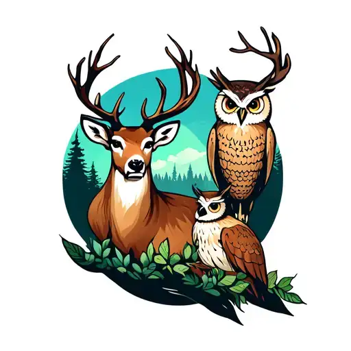 A Deer And A Owl With A Forest In The Background