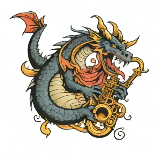 A Dragon Playing A Saxophone In A Neotraditional Style Tattoo Design