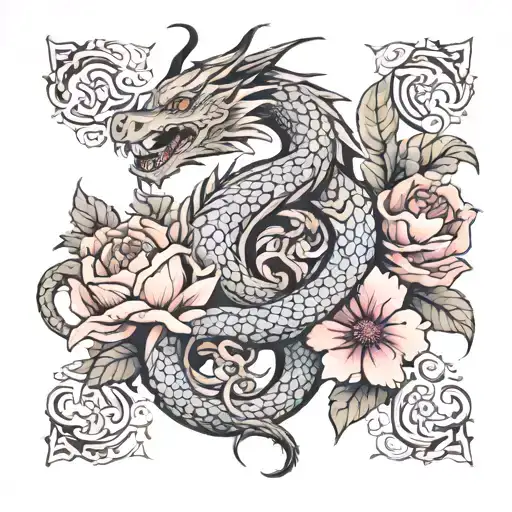 Dragon And Flowers Intertwined