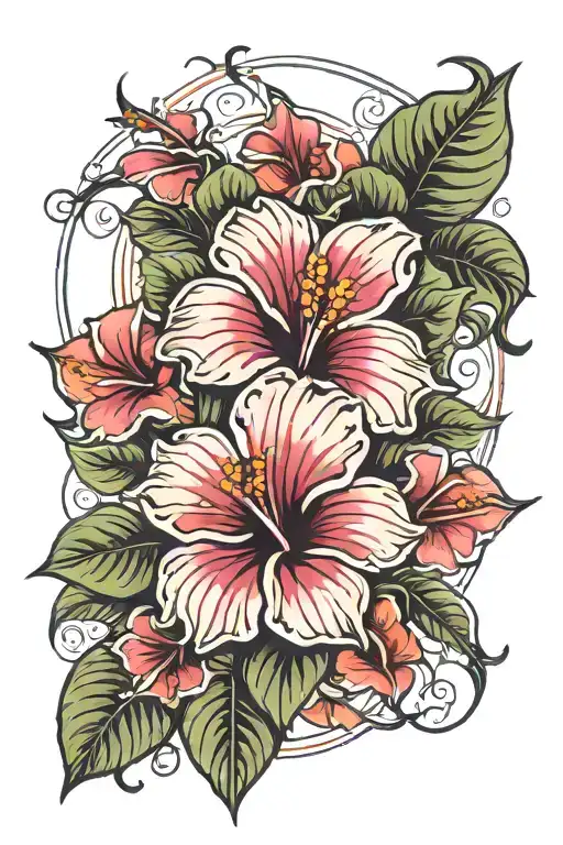 Hibiscus Flowers With Leaves And A Mystical Sun In The Middle