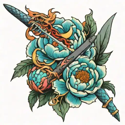 Dragon Sword Peonies Blood