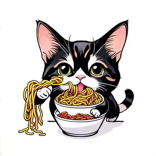 Cute Cat Eating Noodles