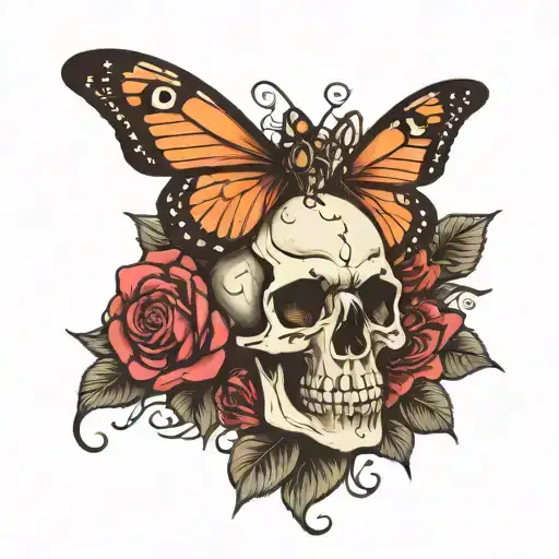 Skull Rose And Butterfly Wings Flying