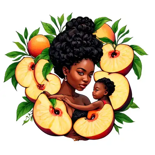 Black Mom And Child In Peach Fruit