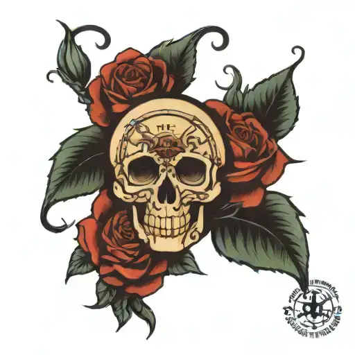Skull Clock Roses Intertwined
