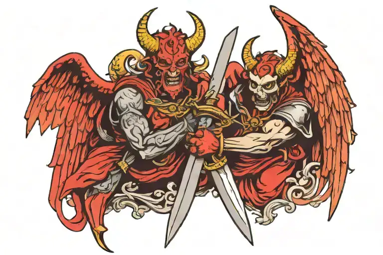 Satan And Angel Holding A Sword