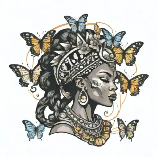 Black African Queen With Scorpion Head Dress Surrounded By Butterflies