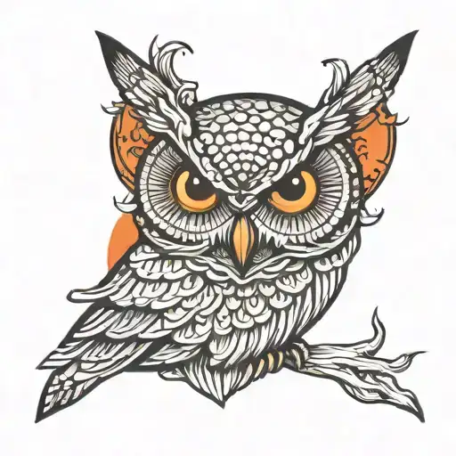 Owl Face With Orange Eyes With Red Moon Background Tattoo Design For Back Hand