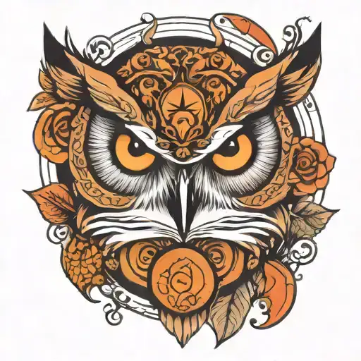 Owl Face With Orange Eyes With Red Moon Background Tattoo Design For Back Hand