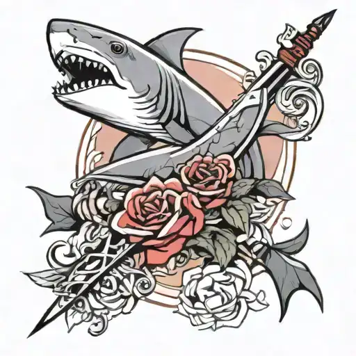 A Cute Shark And A Sword With Roses In The Background
