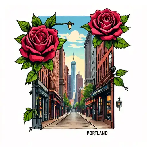 Downtown Portland Oregon Cityscape In Boutique Of Roses With Rosary Beads