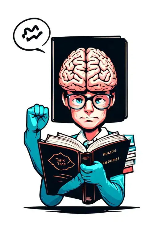 A Cartoon Brain Wearing Glasses Reading A Book With A Raised Fist On The Front Cover