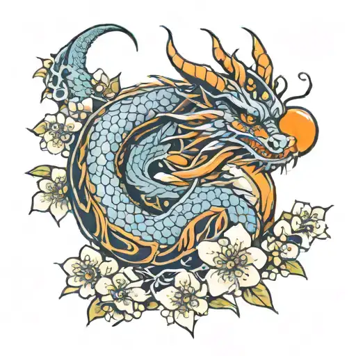 Dragon With Orange Blossoms And Cherry Blossoms