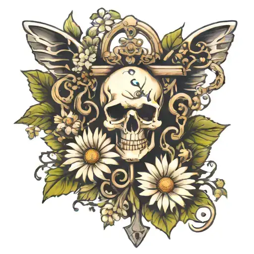 Skeleton Key With Ivy And Daisies
