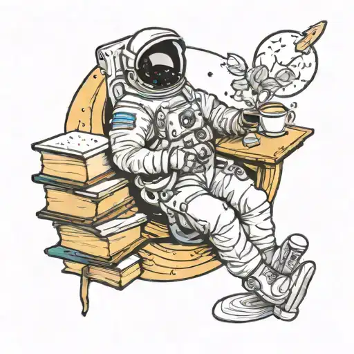 Astronaut On A Half Crescent Moon With Books And Coffee