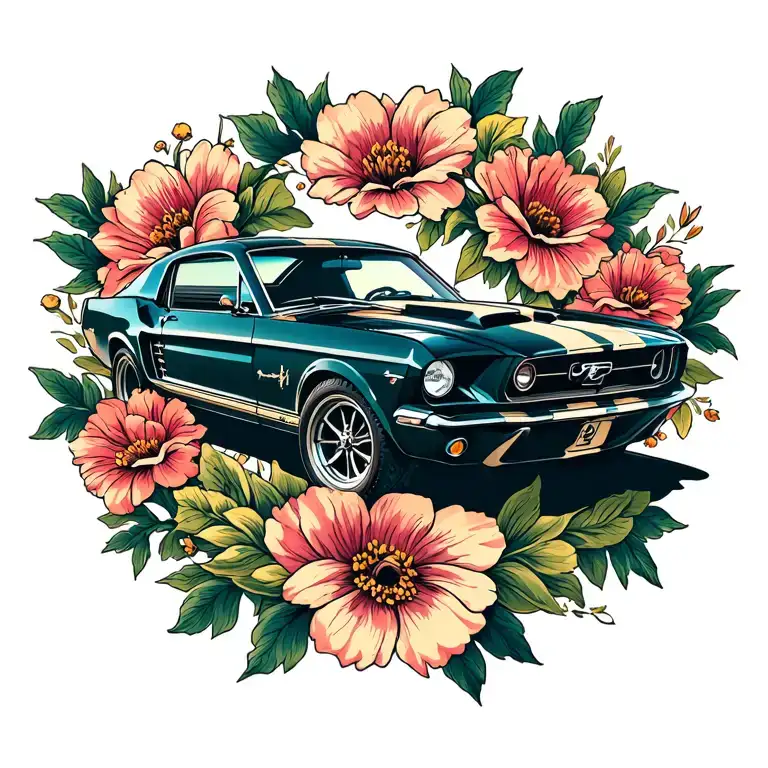 Ford Mustang Logo Surrounded By Flowes