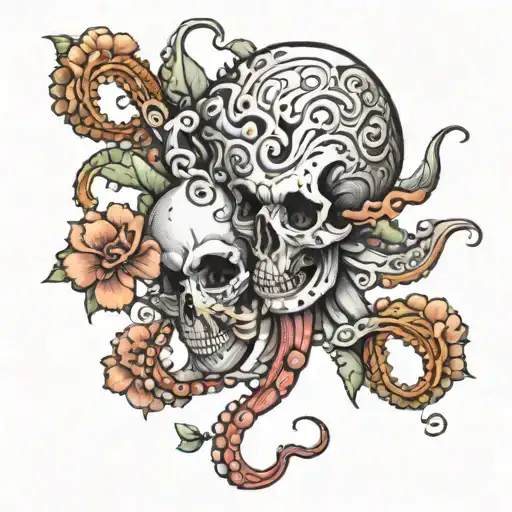 An Octopus Holding A Skull On The Beach Surrounded By Peones