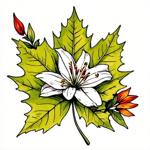 Maple Leaf With Prairie Lily And Dogwood Flower Surrounded