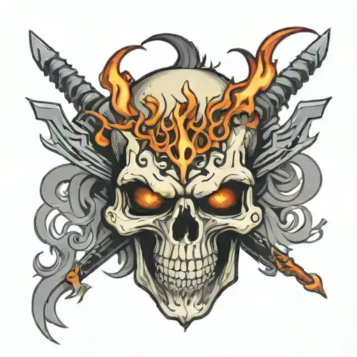 Scary Demon Skull With Crossed Army Sabers Behind And Fire Coming From The Hmeyes