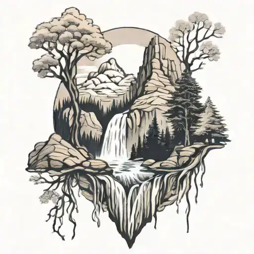 Waterfall And Trees Around Mountains