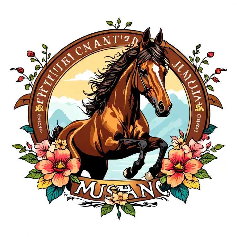 Ford Mustang Logo Horse Surrounded By Flowes