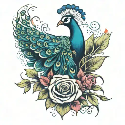 Peacock Feathers With Roses Growing