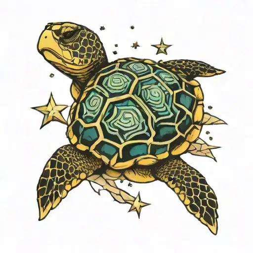 Sea Turtle Surrounded By Mountains And Stars