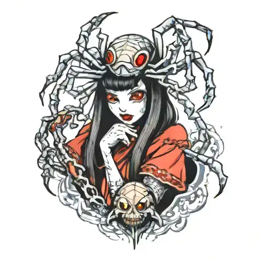 Horror Spider Girl Yokai Holding A Human Head