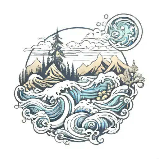 Moutain Forest And Ocean Waves