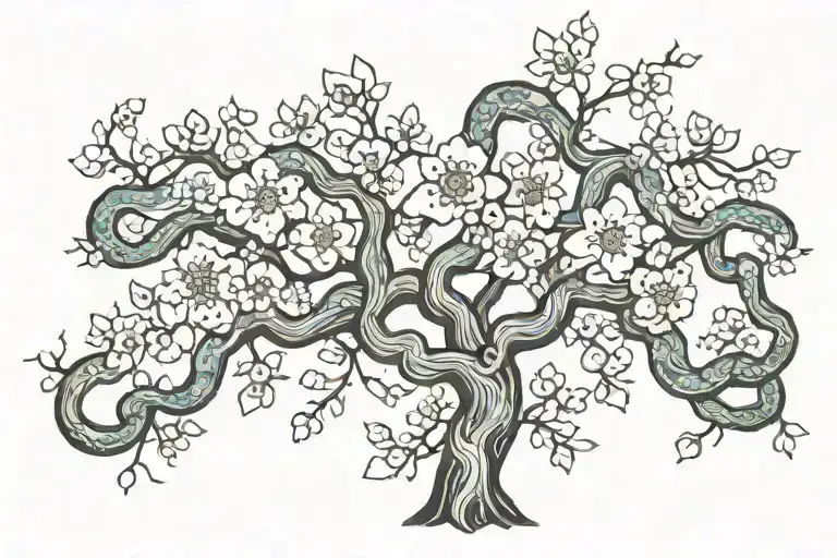 Cheery Blossom Tree With Snakes Intertwined
