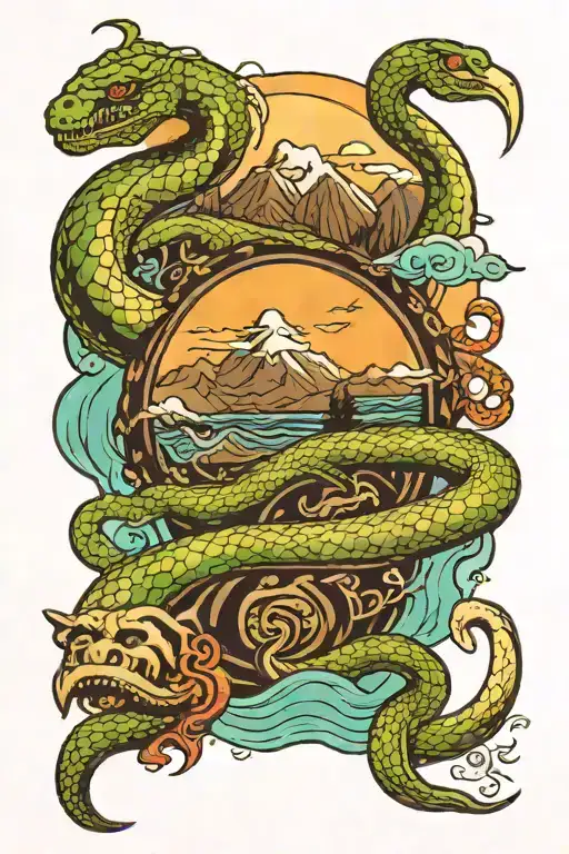 Sea And Mountain With Snake And The Words Me No Ape Along The Arm