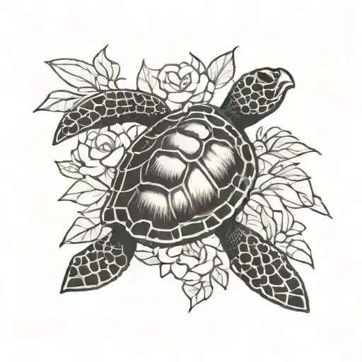 A Blackwork Design Of A Sea Turtle With Gardenias Blooming On Its Shell