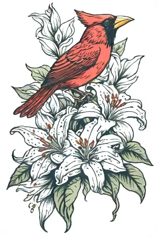 Red Cardinal And White Lillie Flower