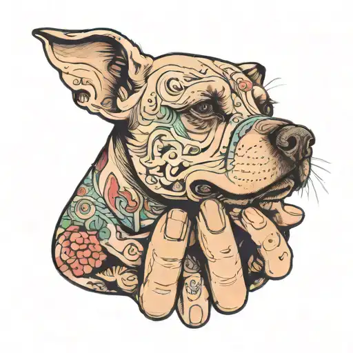 The Dog Buried Its Face In The Palm Of The Hand