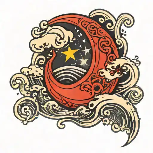 Red Crescent Moon With Waves