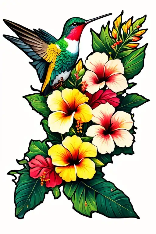 Jamaican Map With Hibiscus Flowers And Hummingbird
