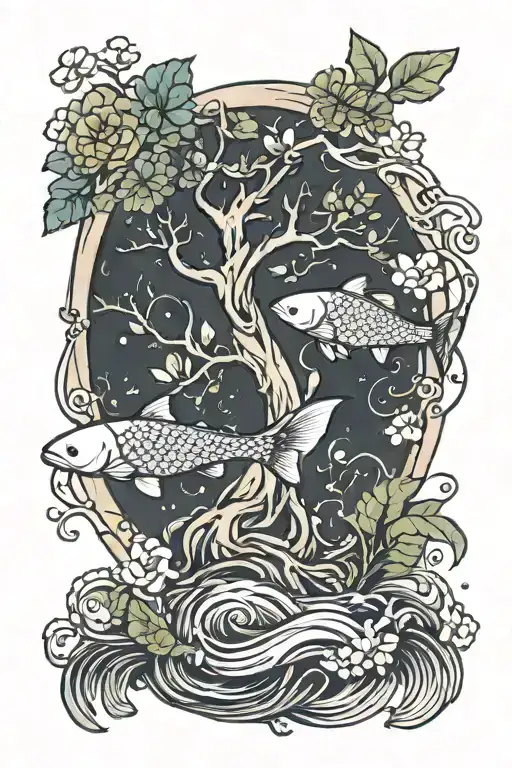 Tree Of Life With Koi Fish Swimming Upstream Lotis